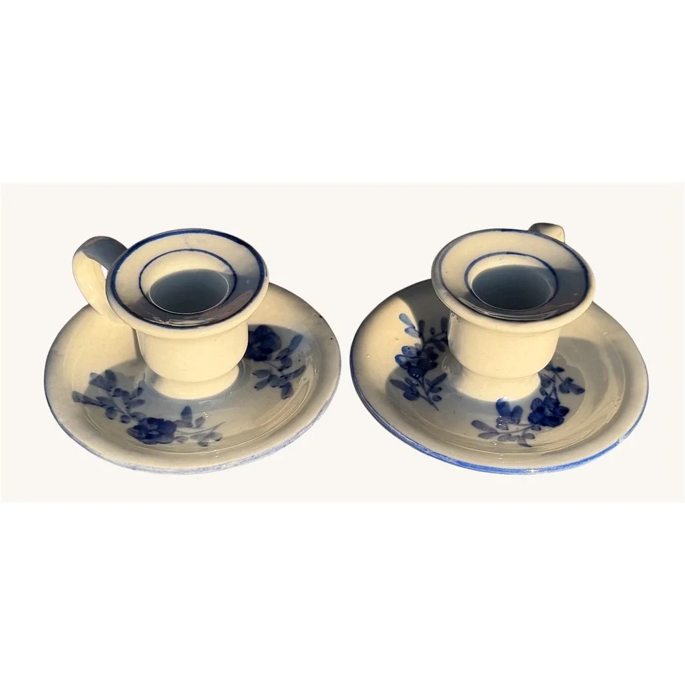 Vintage Blue and White Chamberstick Candle Holder Set Hand Painted Florals